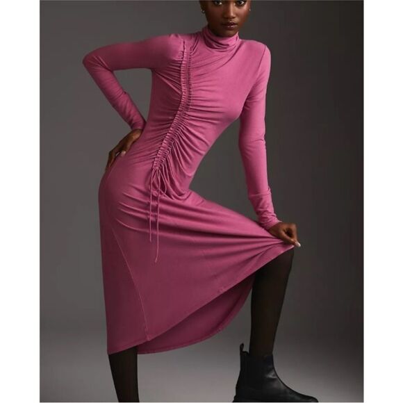 Anthropologie Daily Practice Pink Ruched Midi Dress | Size L - Picture 1 of 10
